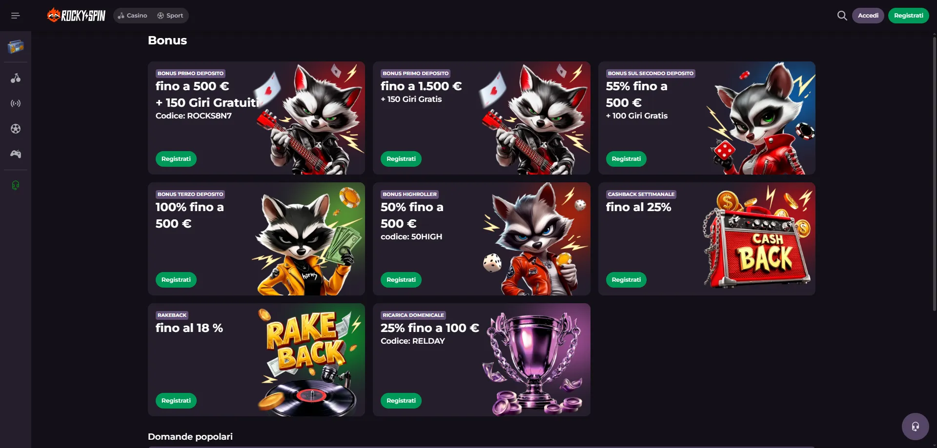 RockySpin Casino offerte bonus benvenuto 250 giri gratis
