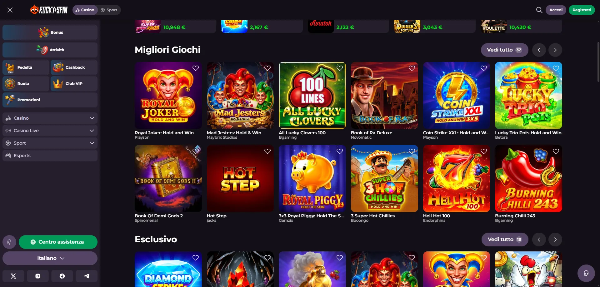RockySpin Casino Italia panoramica giochi e bonus di benvenuto