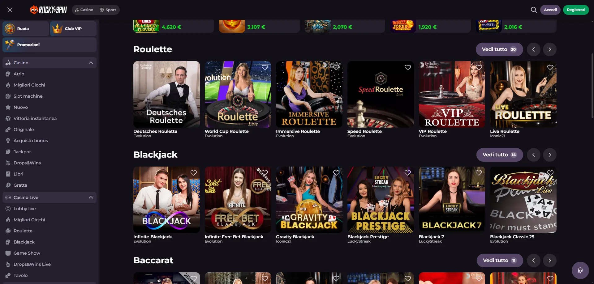RockySpin Casino dal vivo con croupier reali e blackjack